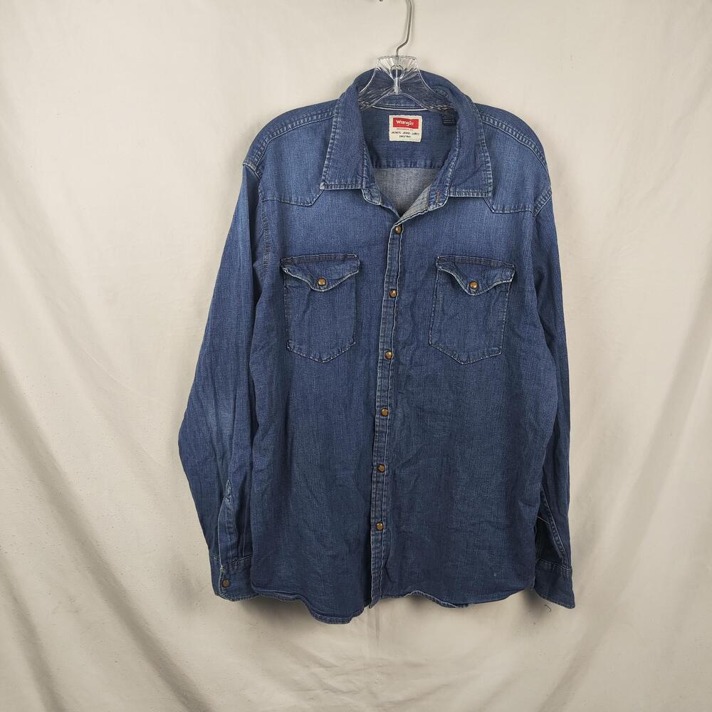 Wrangler Shirt Mens 2XL Blue Denim Western Snap Button Long Sleeve Casual